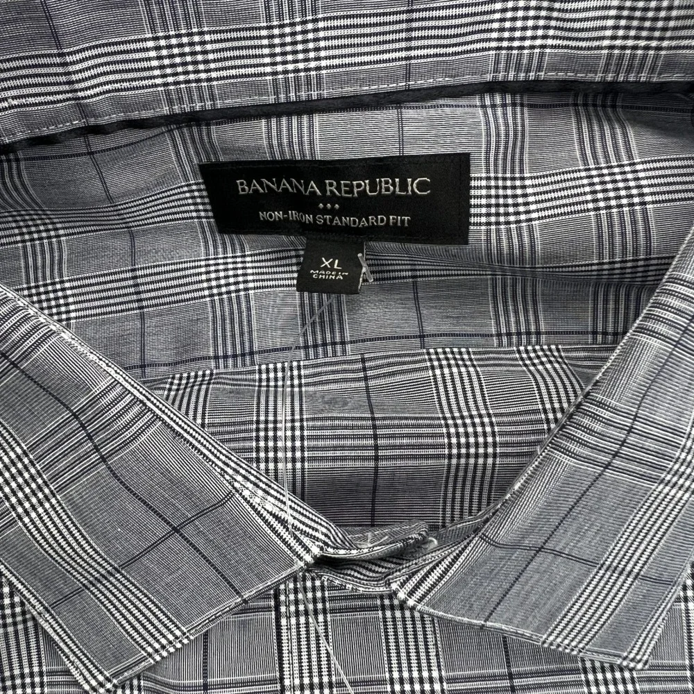 Banana Republic Mens XL Non-Iron Standard Fit Shirt Grey Blue Glen Plaid NWT